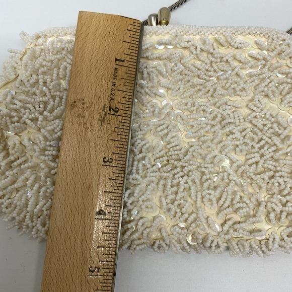 Vintage Beaded Evening Bag Ivory Sequin Gold Satin Interior Wedding Formal 1960s - Picture 13 of 15